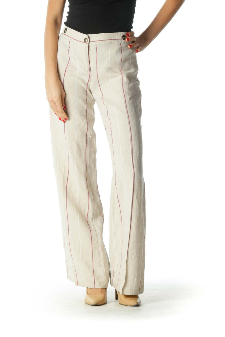 Cream and Burgundy Striped Wide Leg Pants