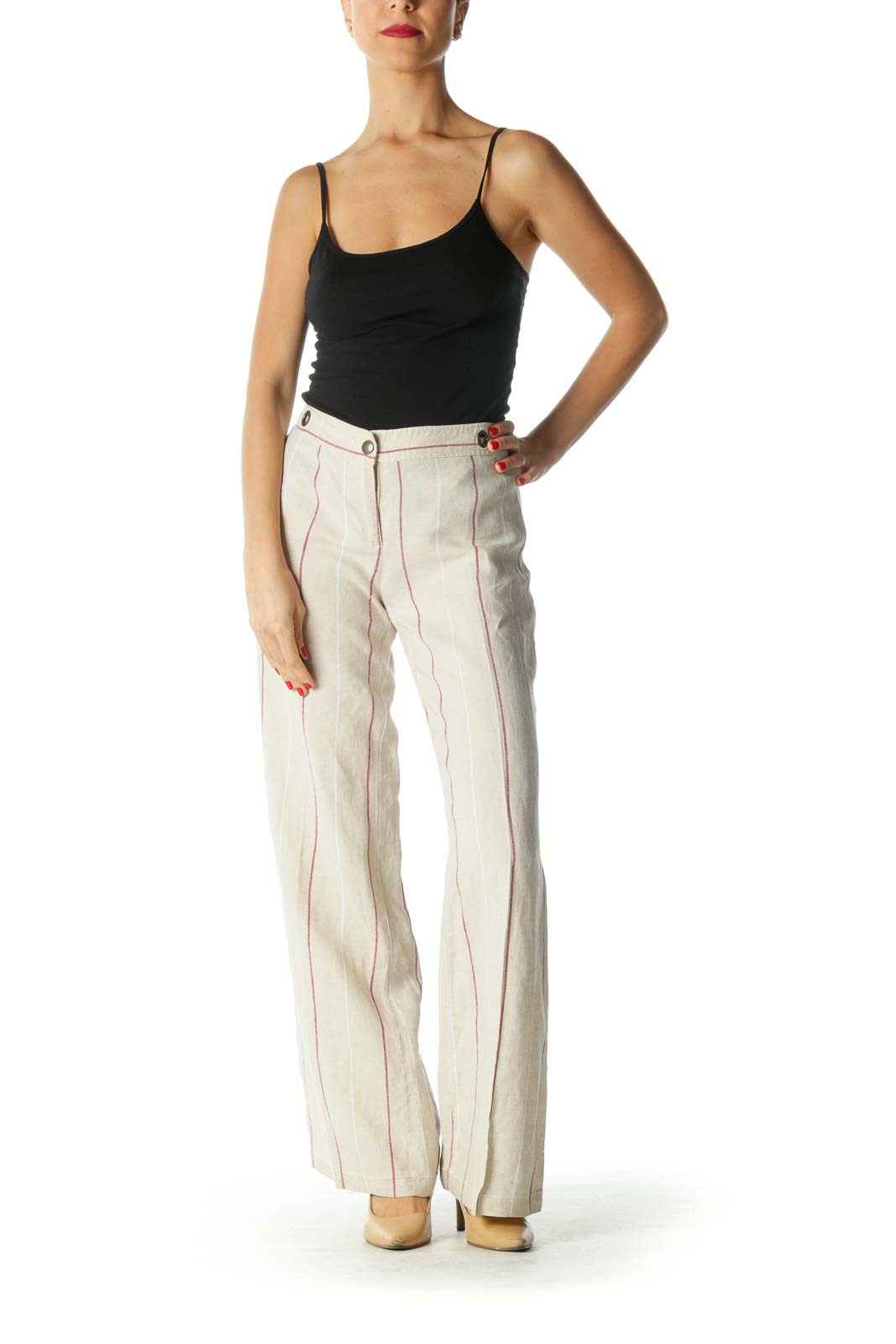 Cream and Burgundy Striped Wide Leg Pants