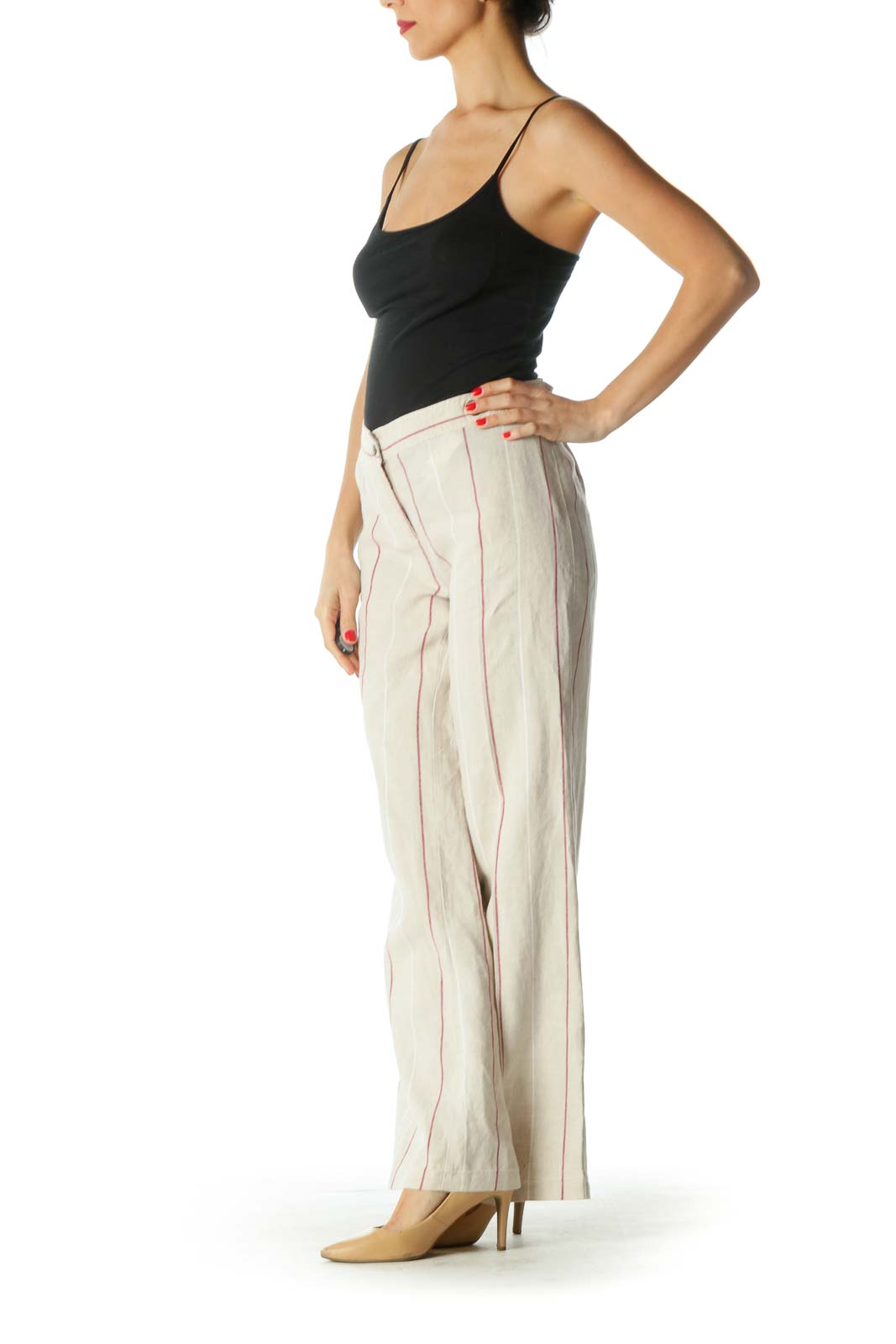 Cream and Burgundy Striped Wide Leg Pants