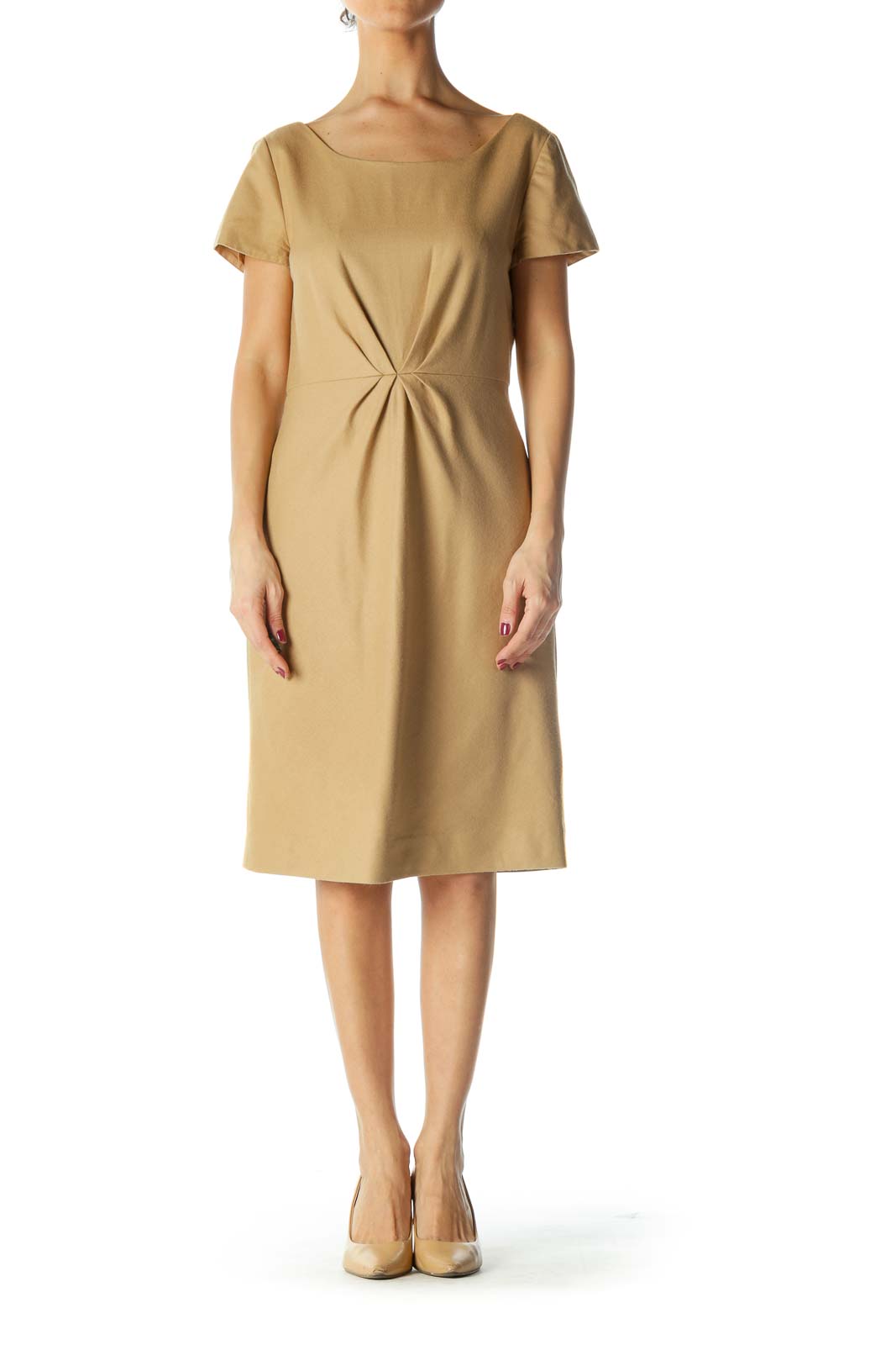 Beige Pleated Cap Sleeve Round Neck Work Dress