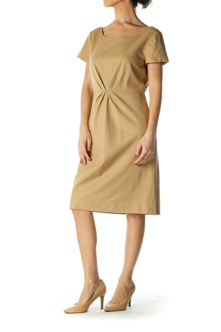 Beige Pleated Cap Sleeve Round Neck Work Dress