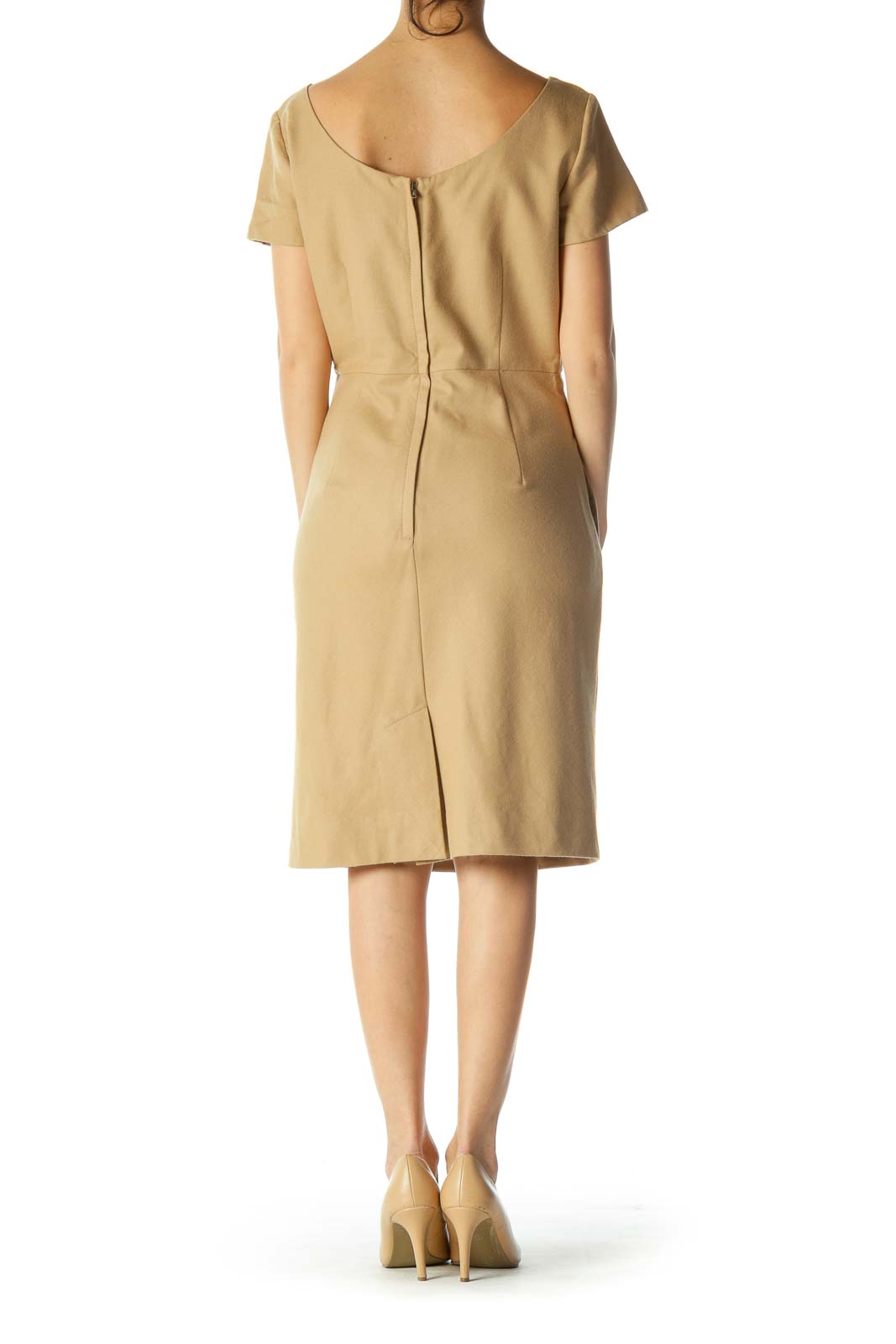 Beige Pleated Cap Sleeve Round Neck Work Dress