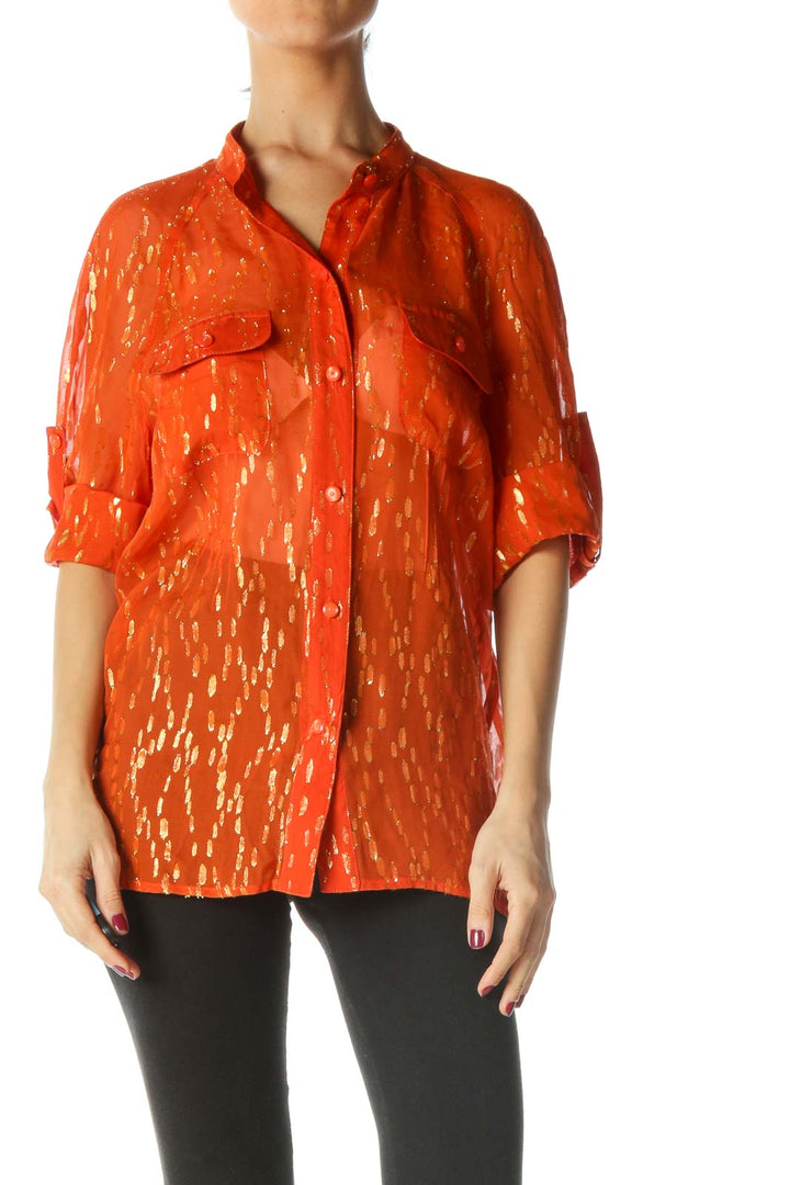 Orange and Gold See through Mandarin Collar Button Down Shirt