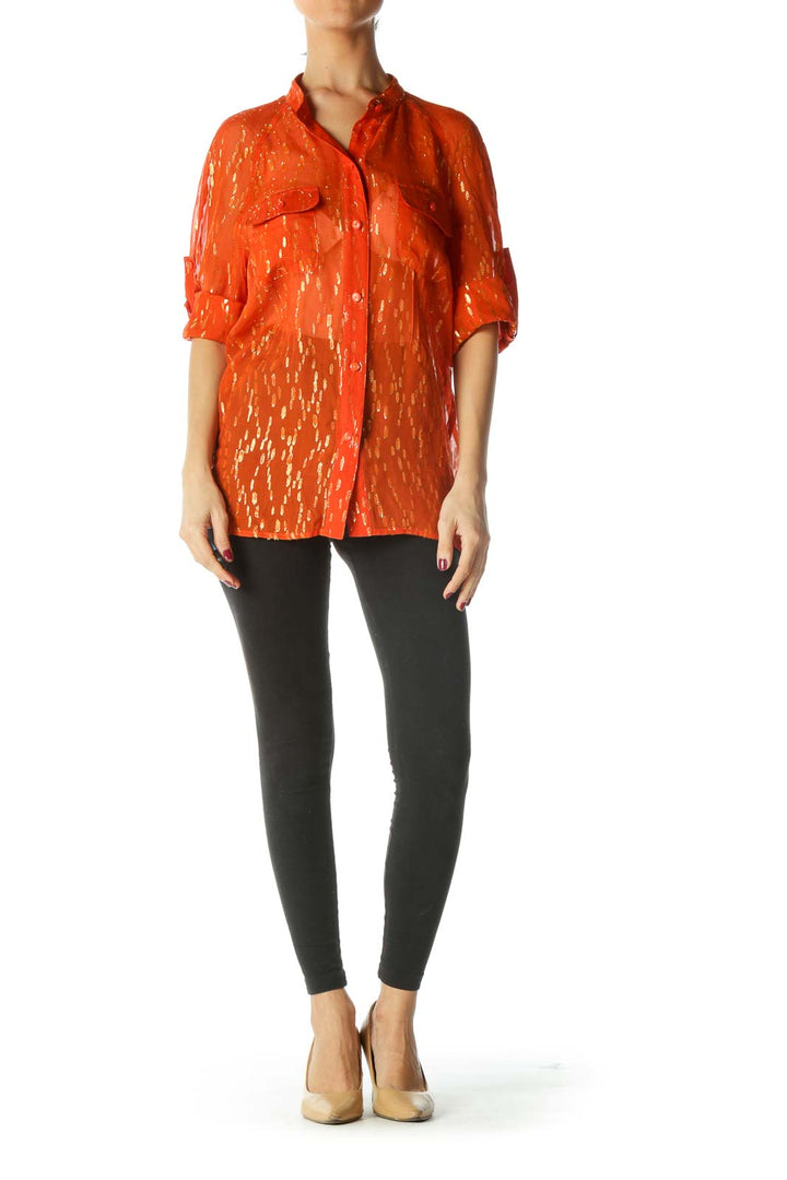 Orange and Gold See through Mandarin Collar Button Down Shirt