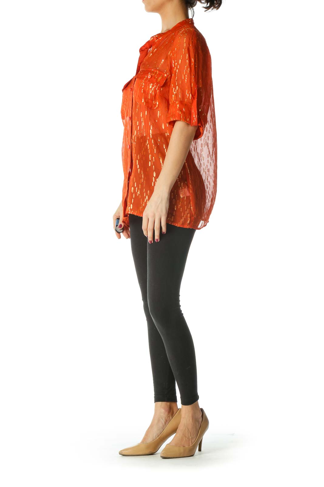 Orange and Gold See through Mandarin Collar Button Down Shirt