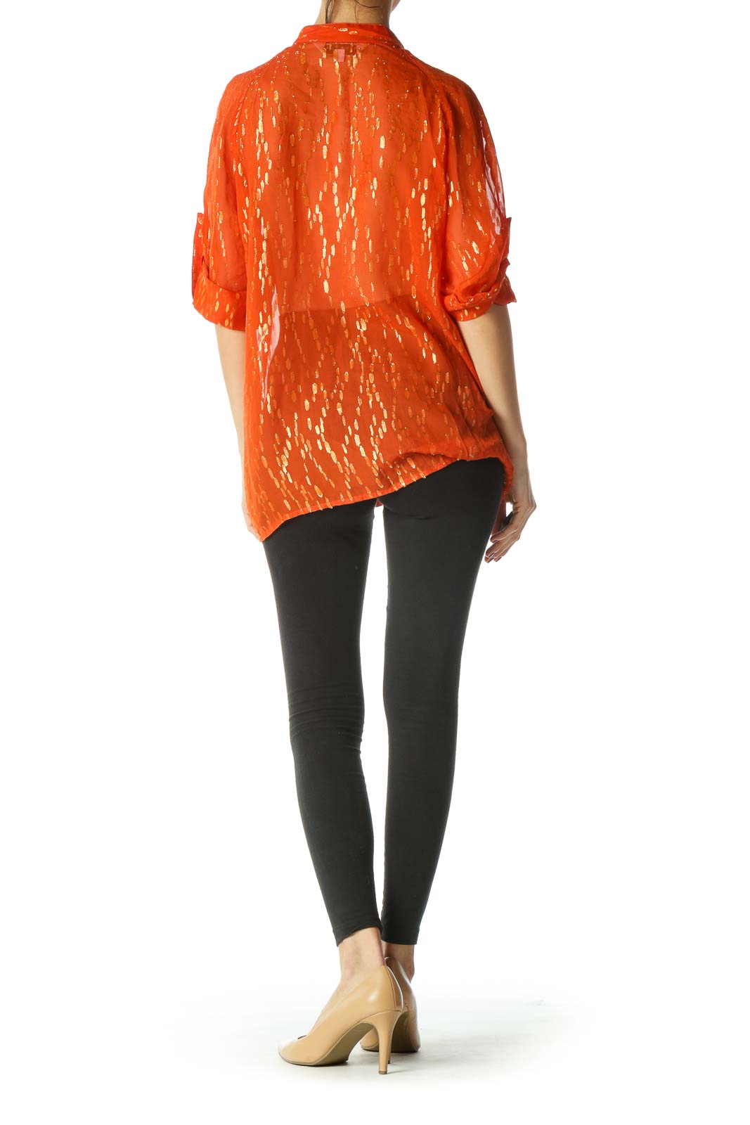 Orange and Gold See through Mandarin Collar Button Down Shirt