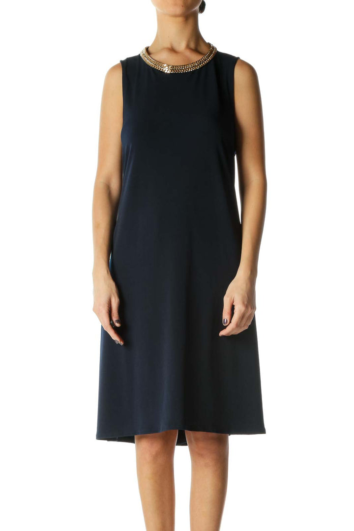 Blue Solid Crewneck A-Line Dress