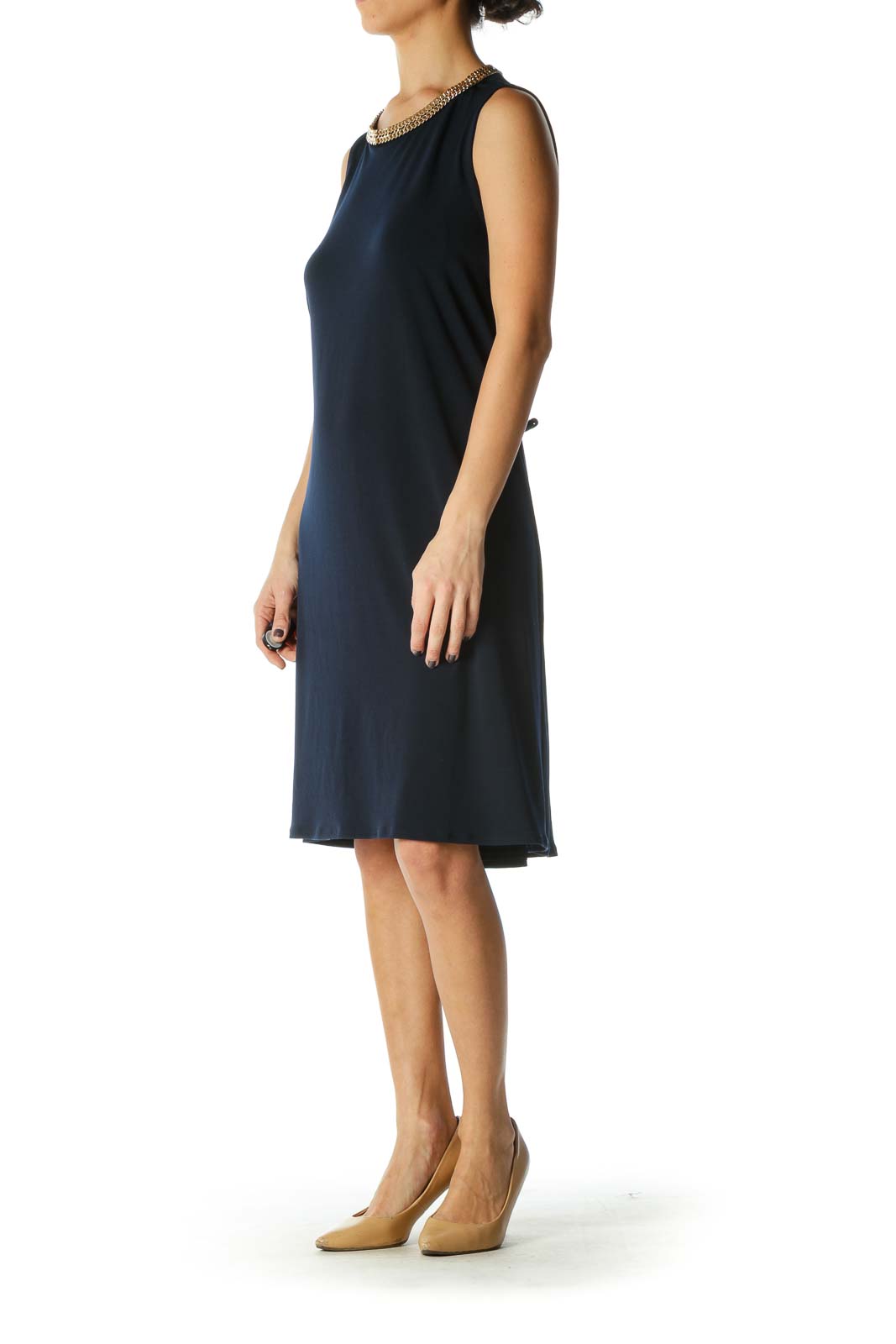 Blue Solid Crewneck A-Line Dress