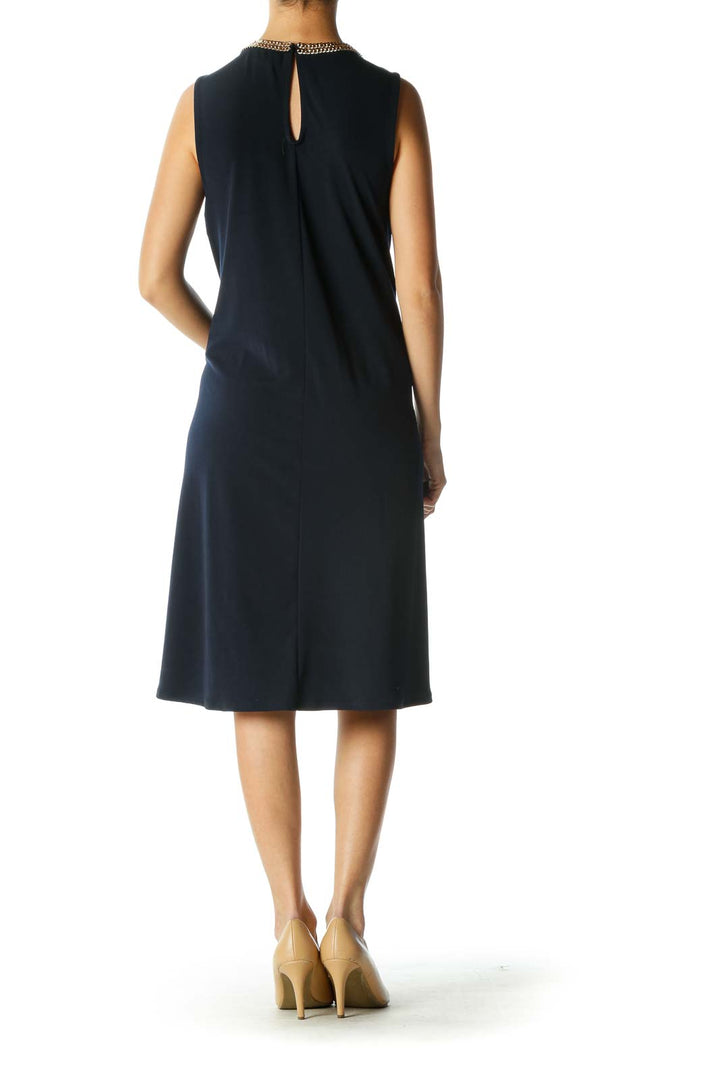 Blue Solid Crewneck A-Line Dress