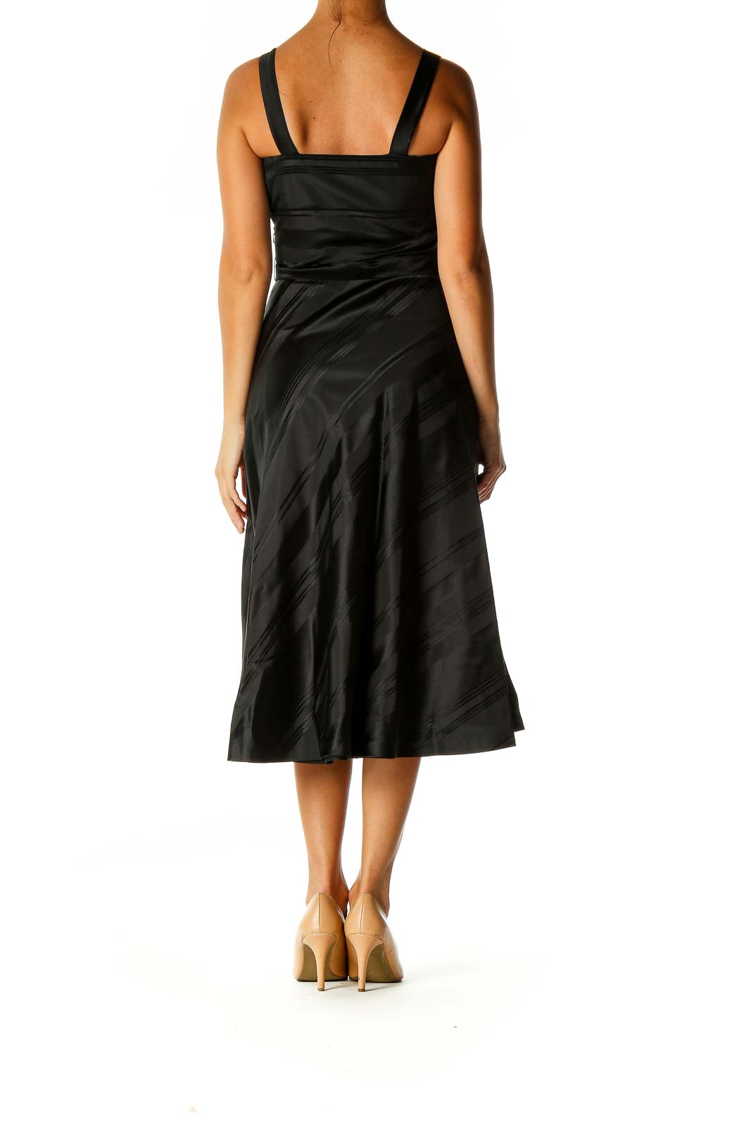 Black Silk Striped Semiformal Fit & Flare Dress