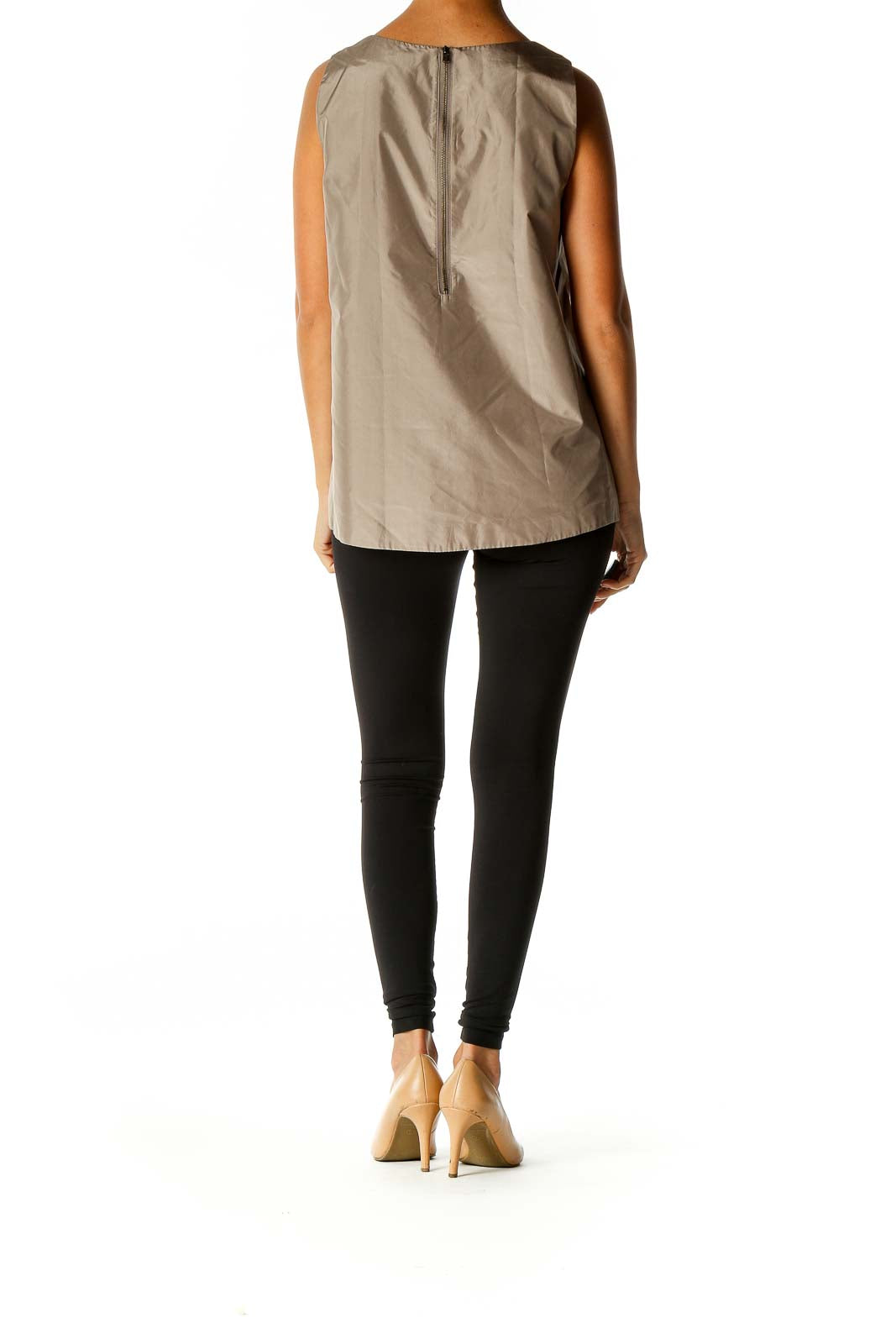 Side view of J.Crew taupe sleeveless blouse showing relaxed fit and length