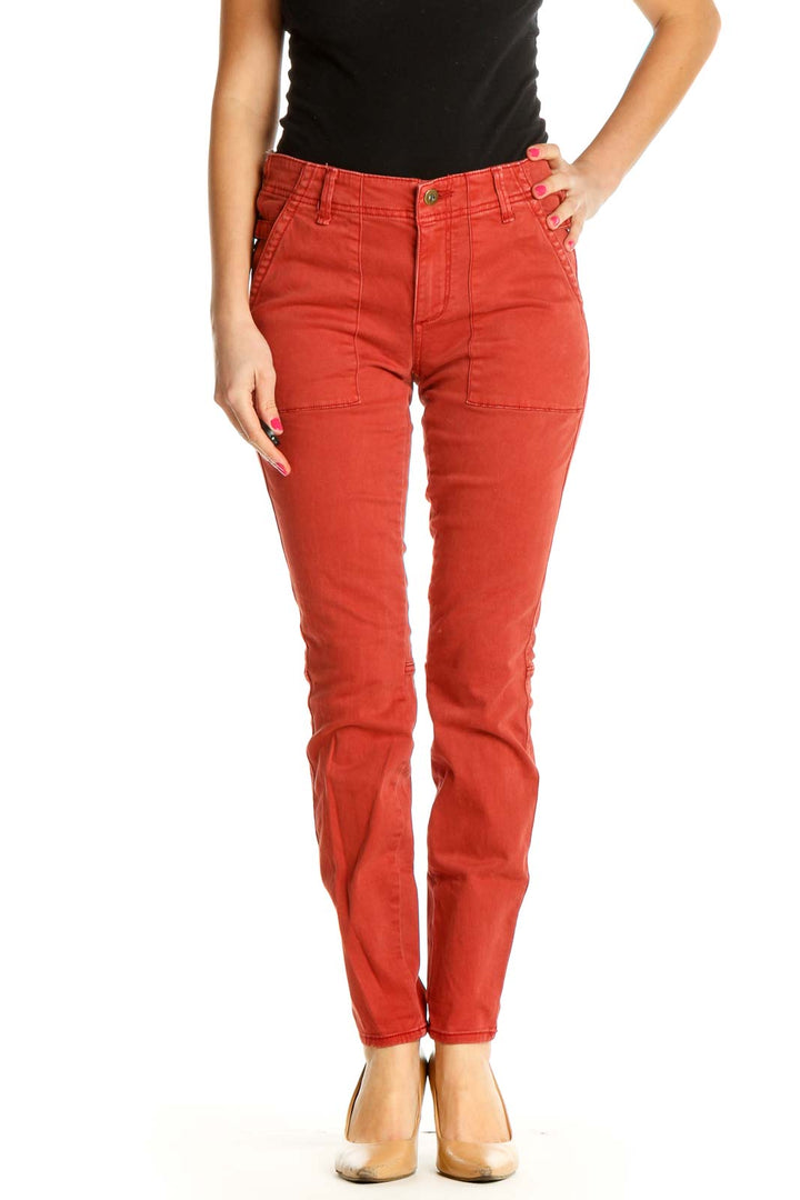 Red Solid Casual Skinny Pants