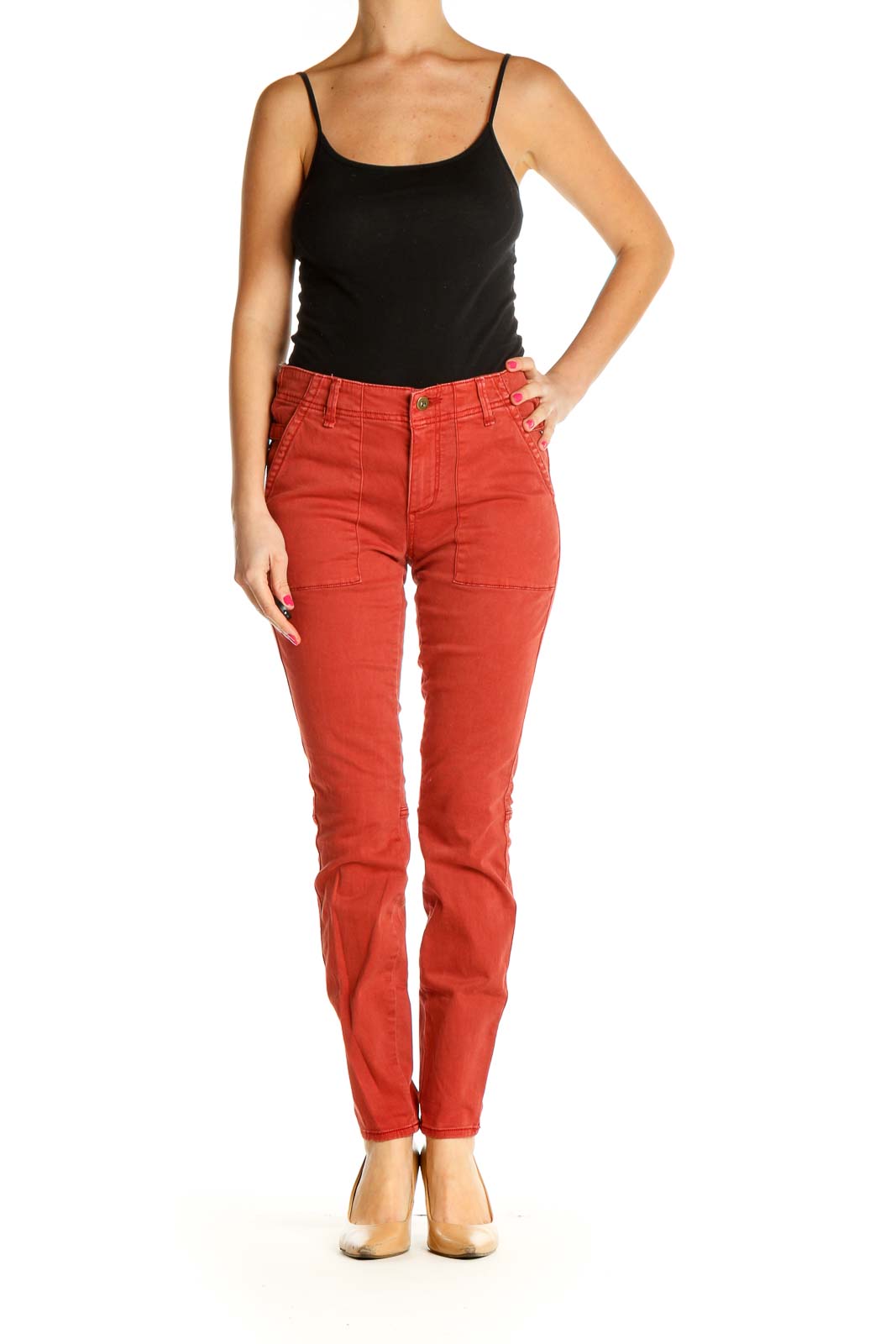 Red Solid Casual Skinny Pants