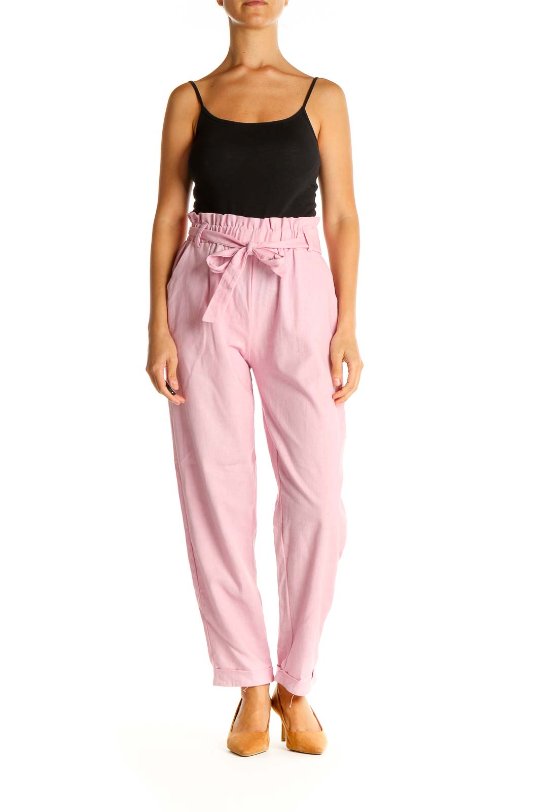 Pink Casual Tie Waist Pants