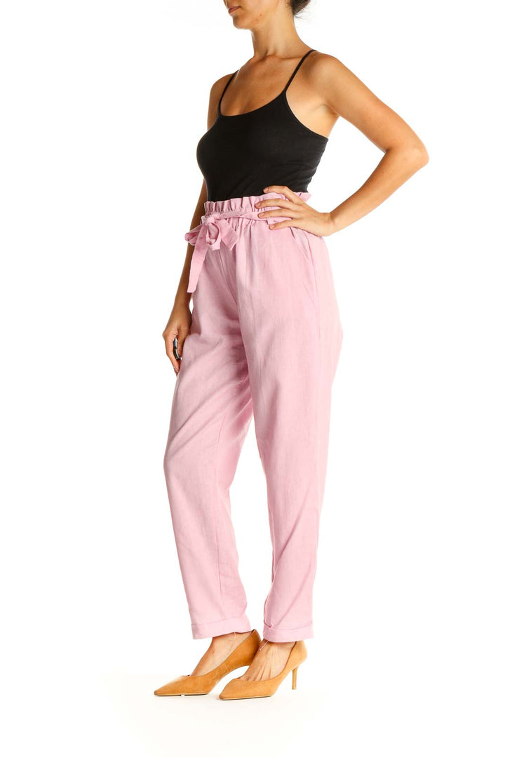 Pink Casual Tie Waist Pants