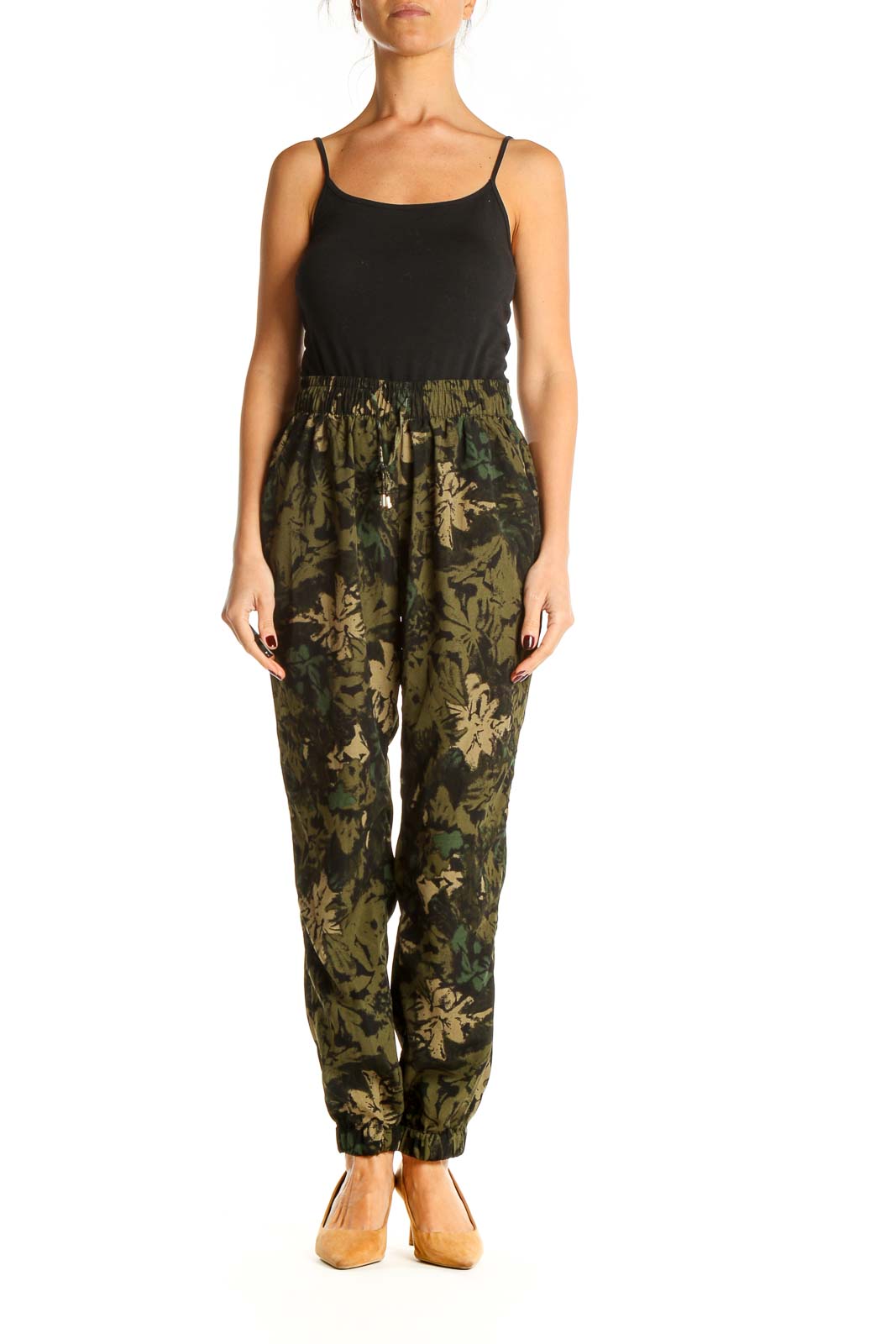 Black Green Printed Drawstring Pants