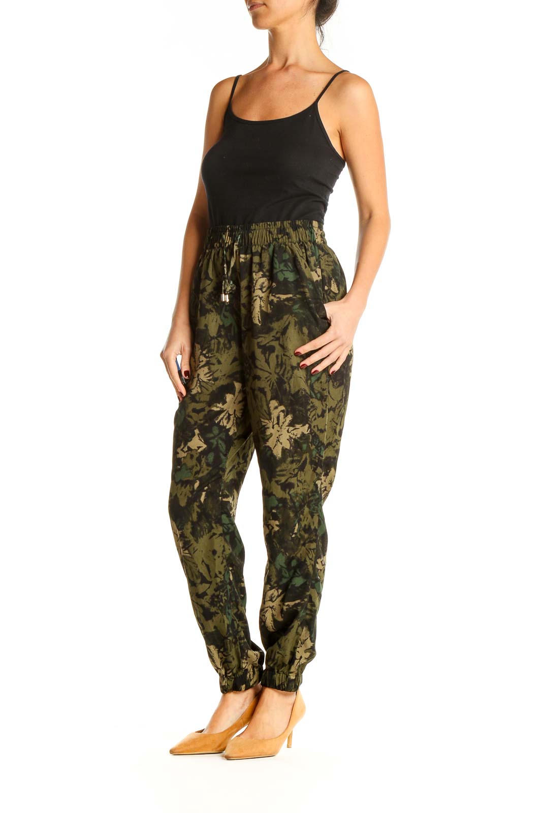 Black Green Printed Drawstring Pants