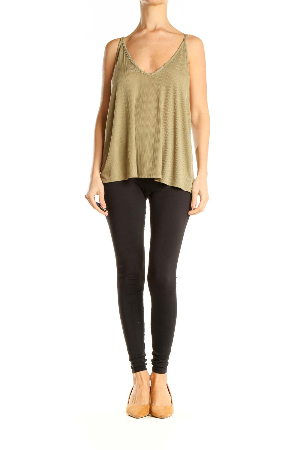 Front view of olive Free People camisole tank top with V-neck and spaghetti straps