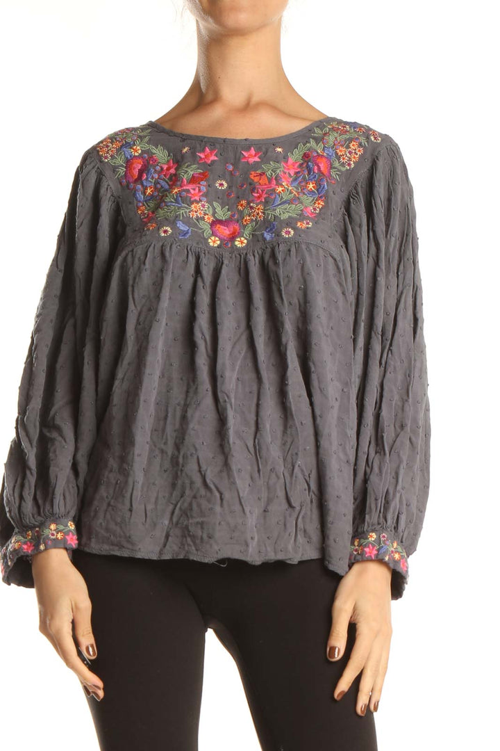 Gray Textured Floral Embroidered Bohemian Blouse