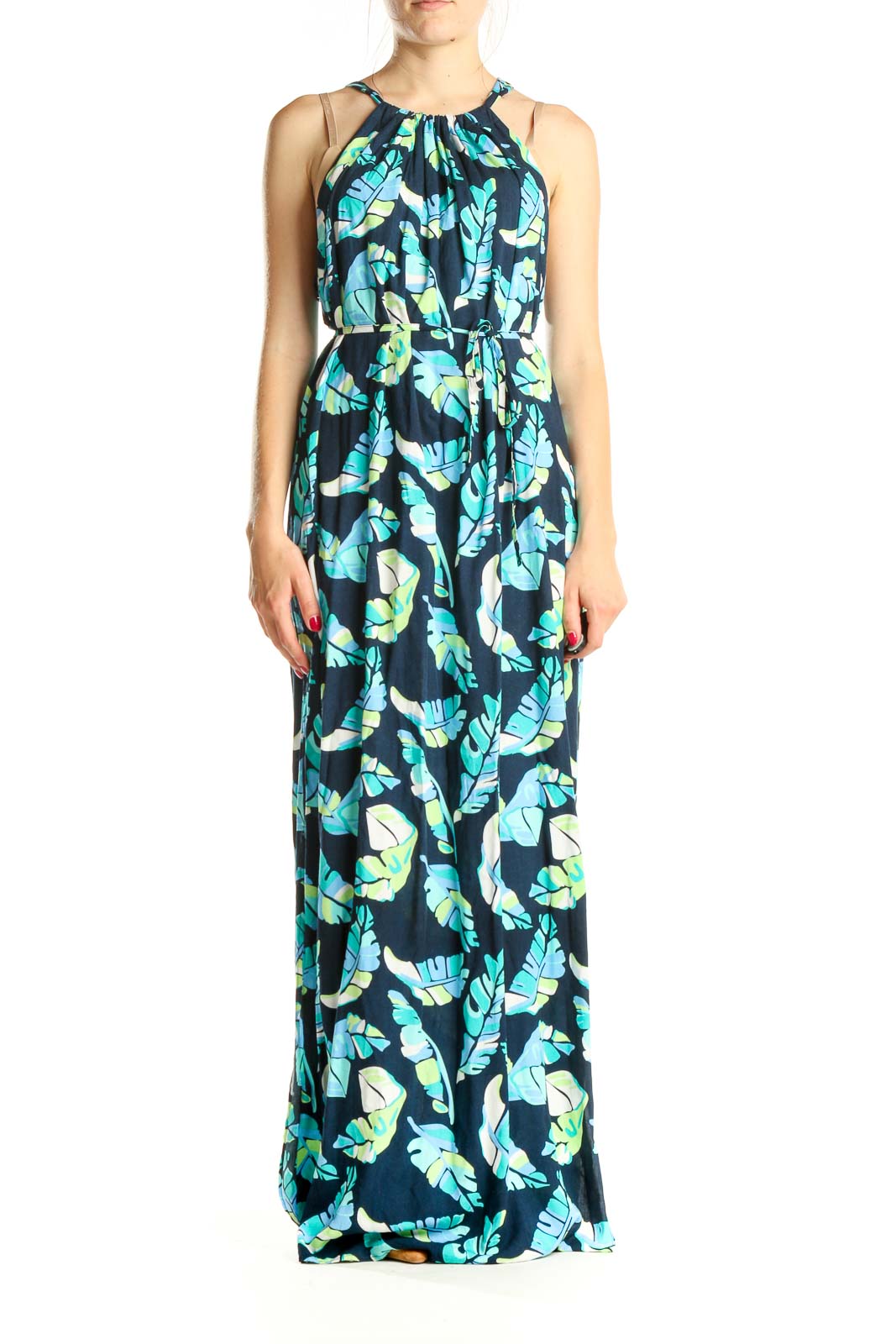 Blue Tropical Print Bohemian Column Dress