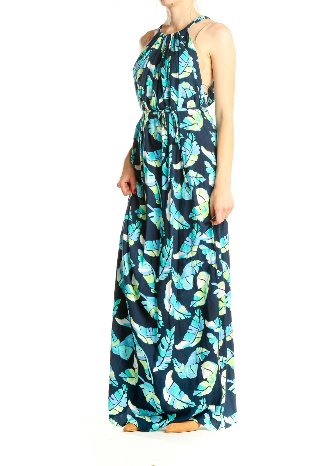 Blue Tropical Print Bohemian Column Dress