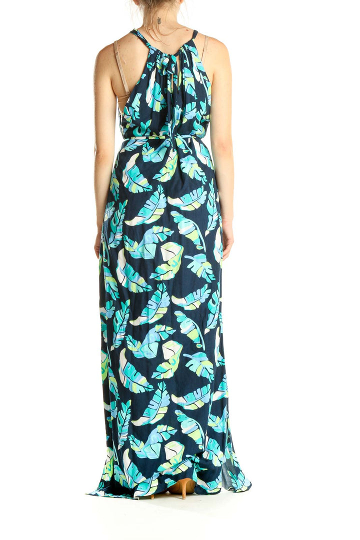 Blue Tropical Print Bohemian Column Dress