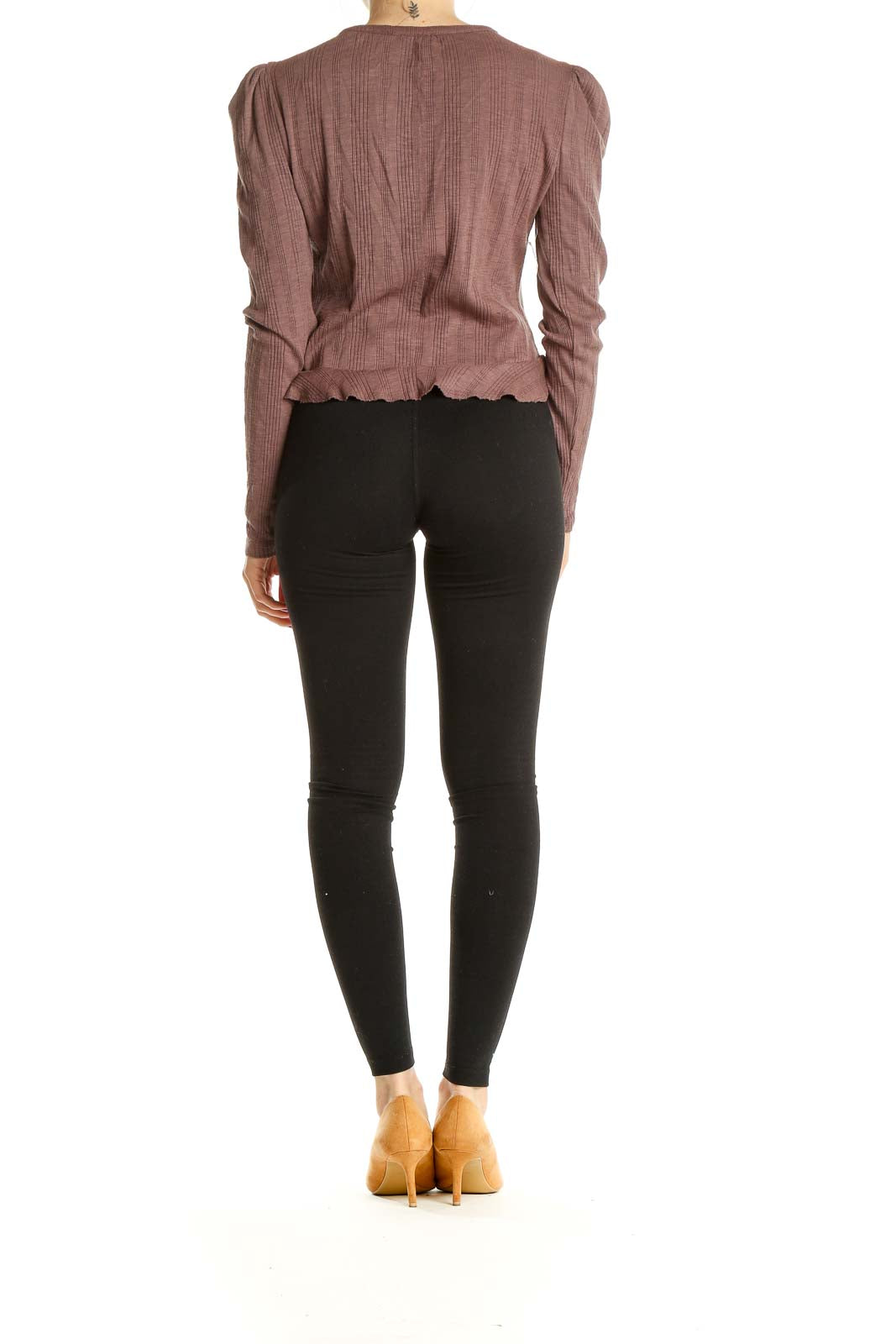 Brown Button Up Ribbed Puffy Sleeve Top