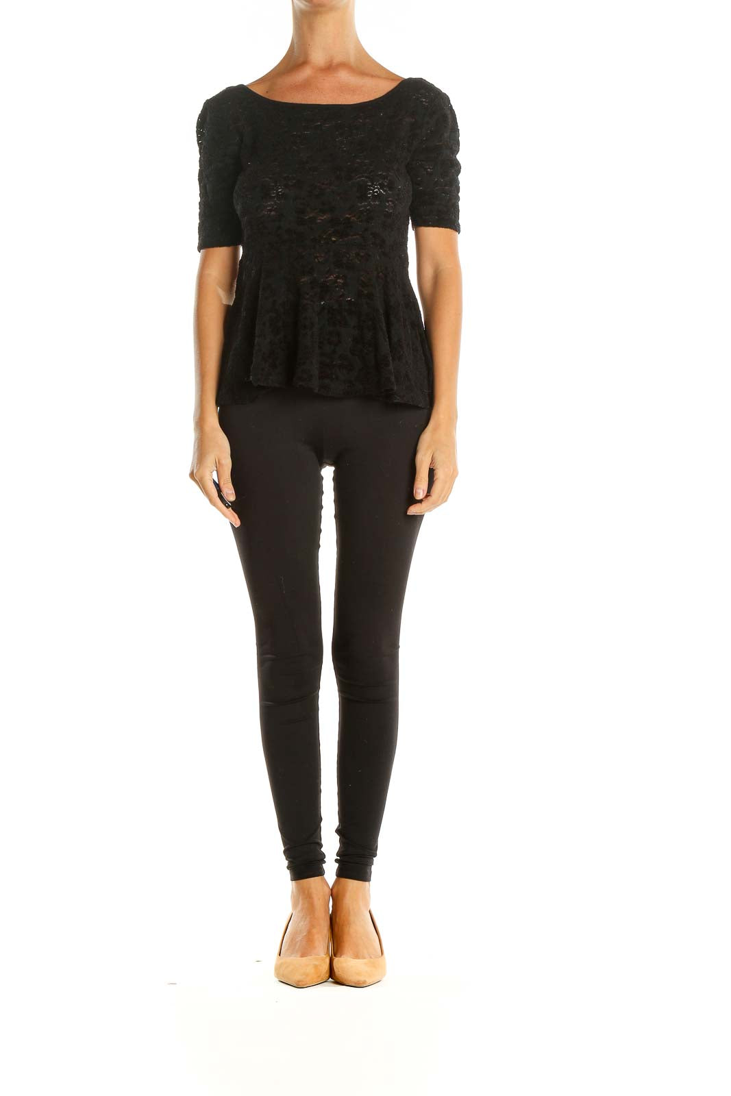 Front view of Free People black lace peplum top with scoop neckline