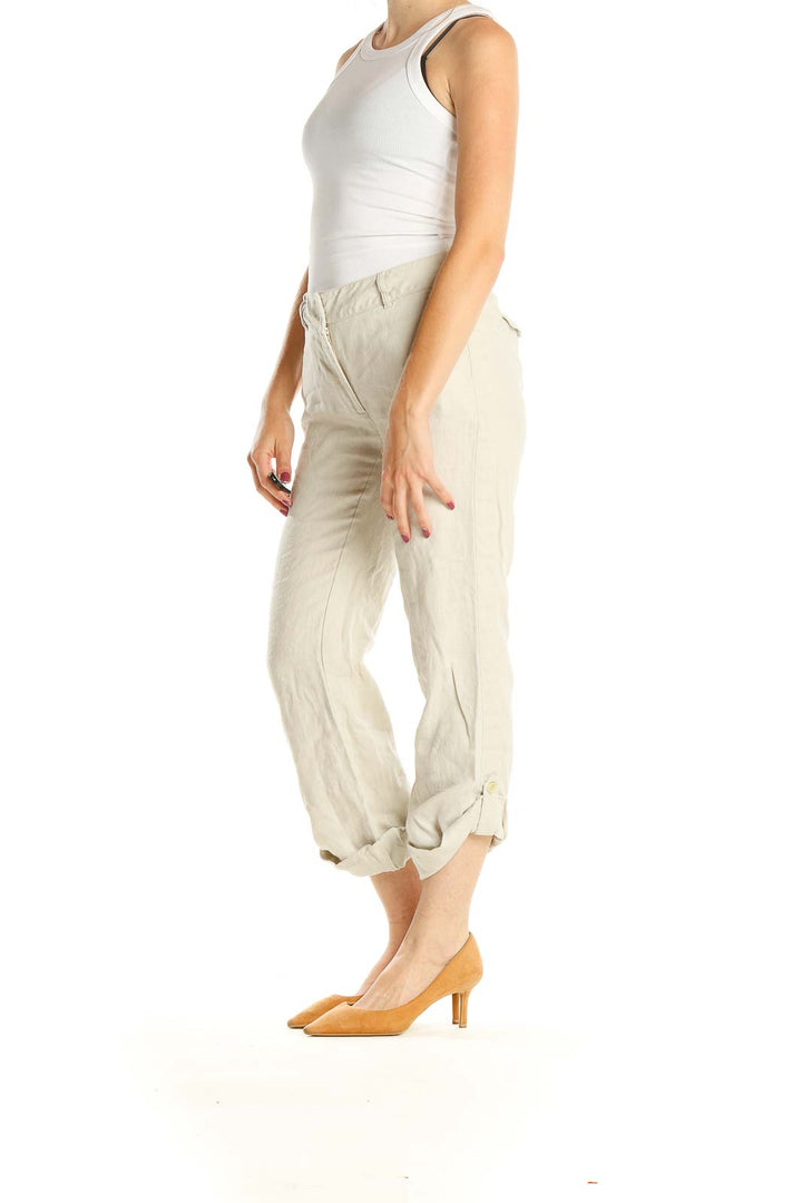 Beige Cropped Linen Khakis