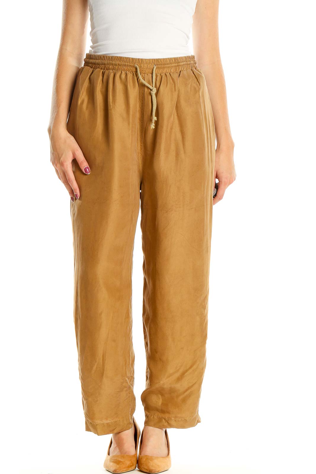 Brown Silk Drawstring Pants