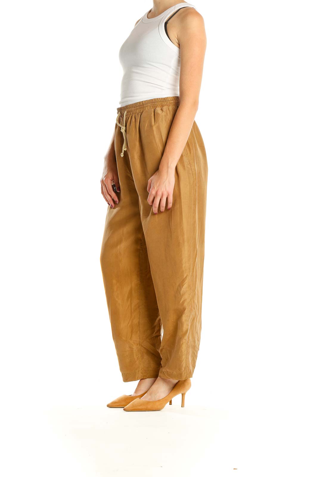 Brown Silk Drawstring Pants