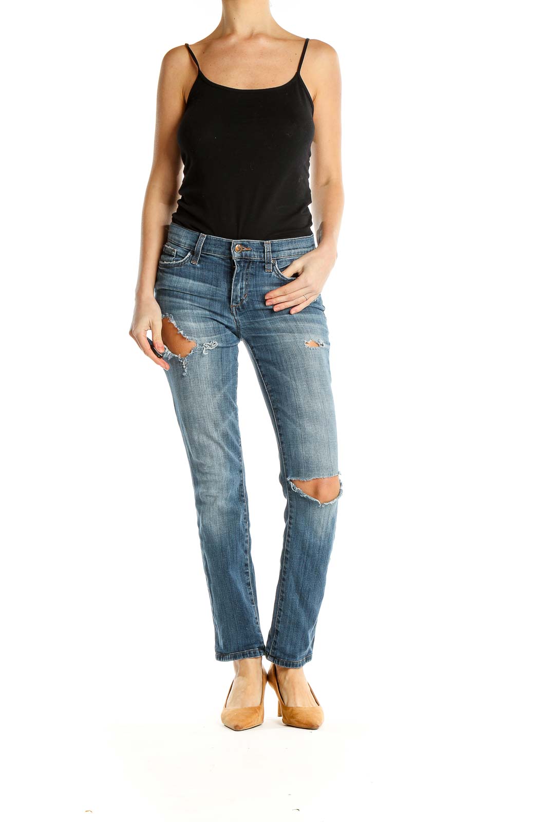 Front view of Joe's blue distressed straight leg jeans on model