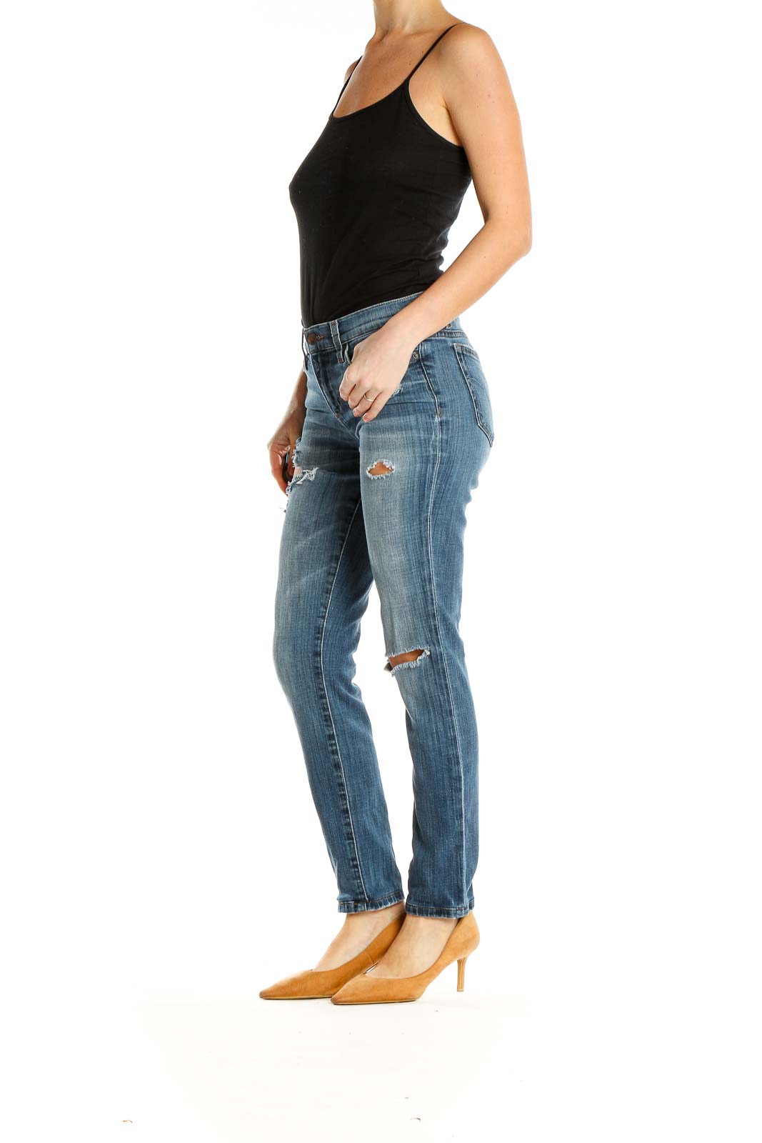 Front view of Joe's blue distressed straight leg jeans on model