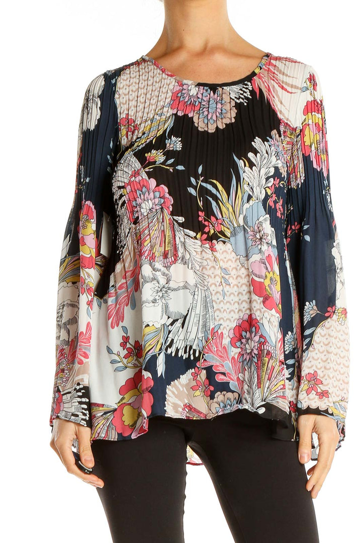 Multicolor Floral Print Pleated Chic Blouse