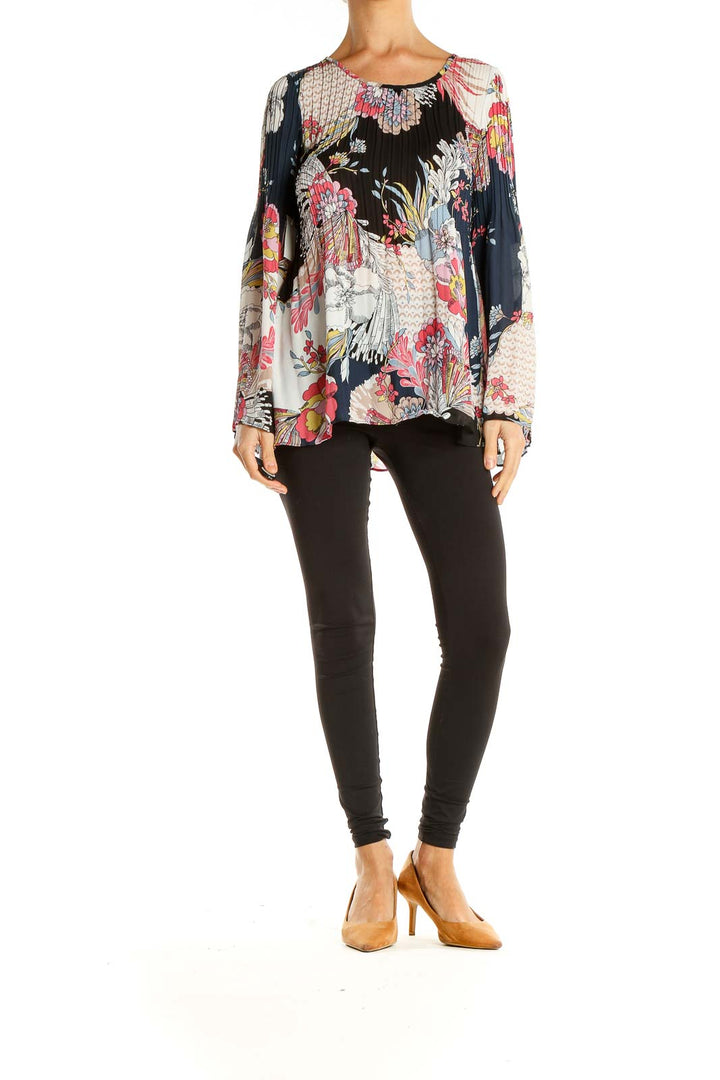 Multicolor Floral Print Pleated Chic Blouse