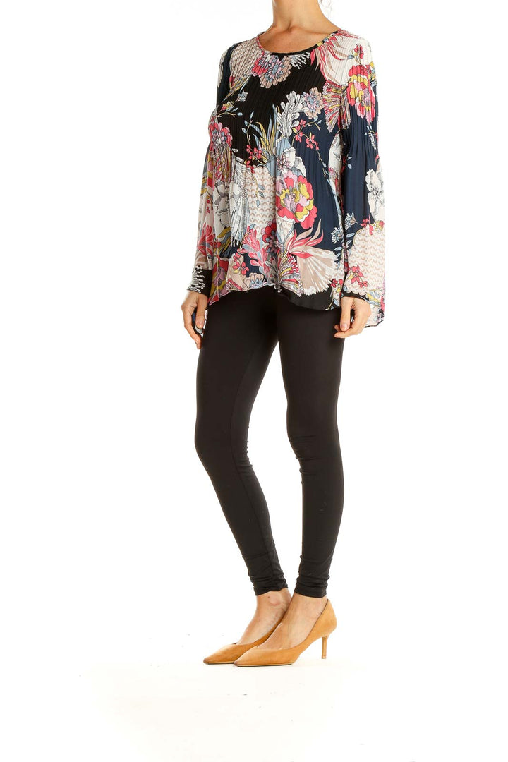 Multicolor Floral Print Pleated Chic Blouse