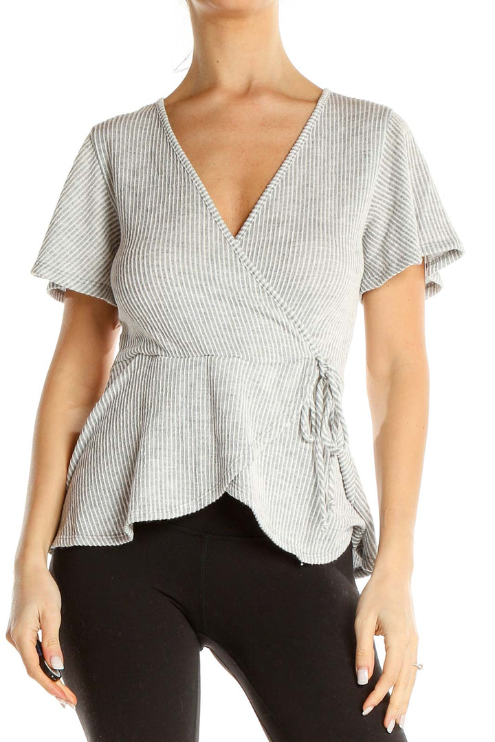 Gray Ribbed Tie Waist Top