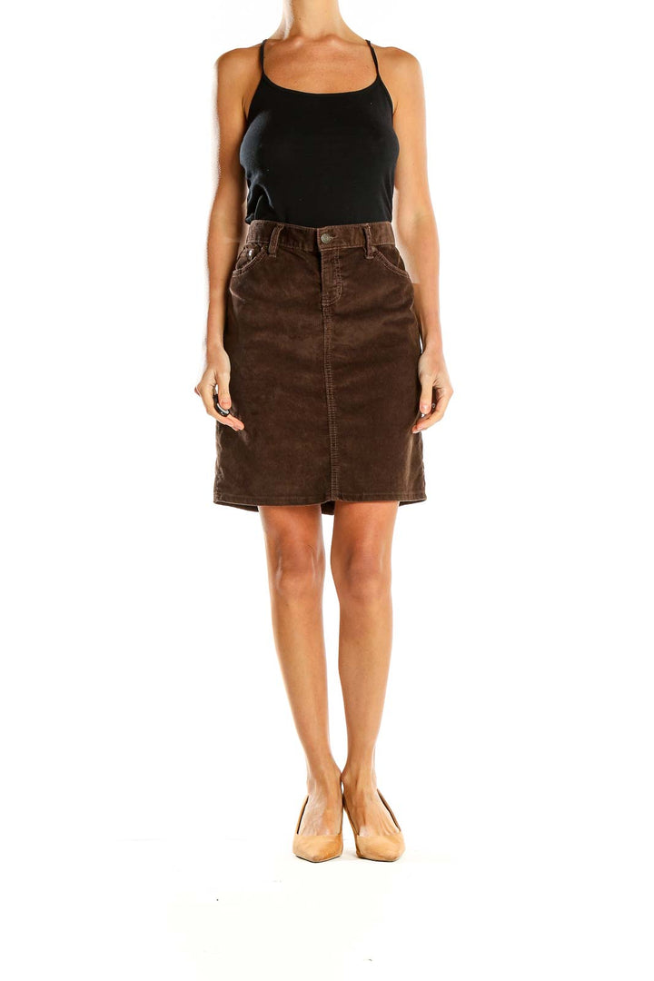 Front view of Gap 1969 brown corduroy A-line skirt