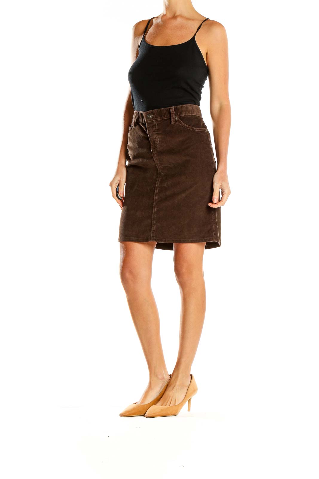 Front view of Gap 1969 brown corduroy A-line skirt