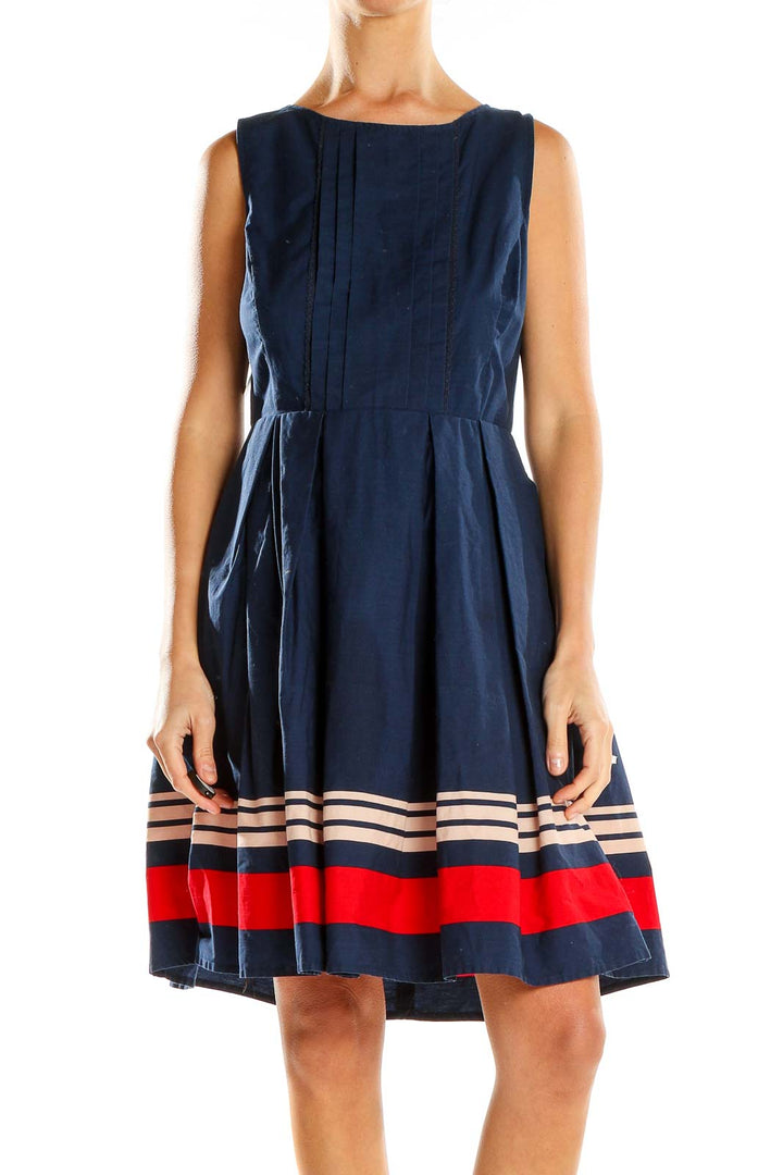 Front view of Jason Wu for Target navy dress with pleated bodice and striped hem