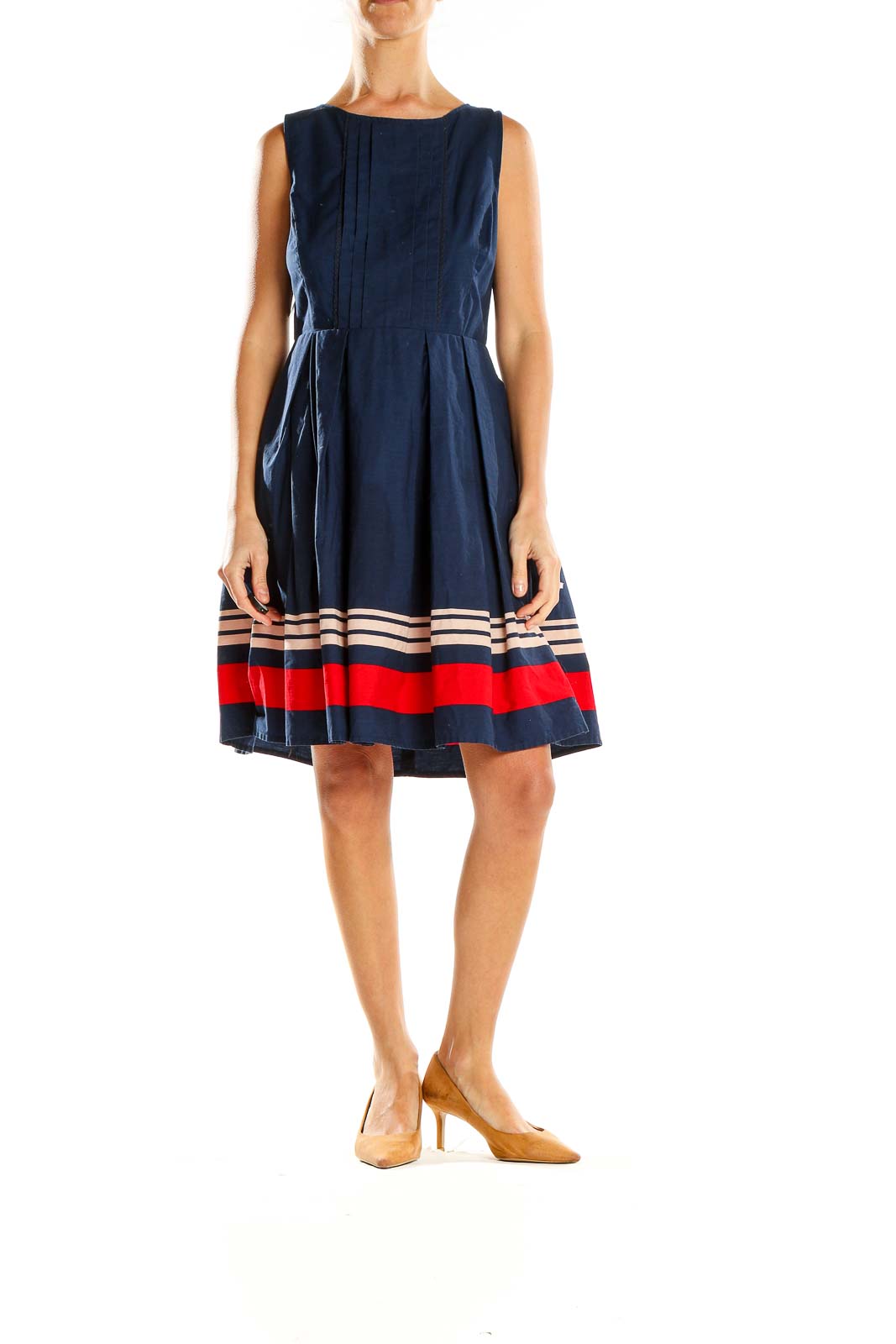 Front view of Jason Wu for Target navy dress with pleated bodice and striped hem