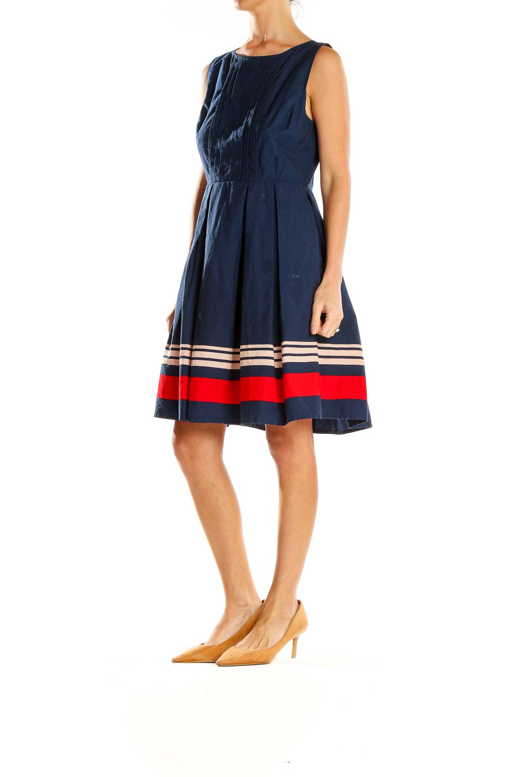 Front view of Jason Wu for Target navy dress with pleated bodice and striped hem