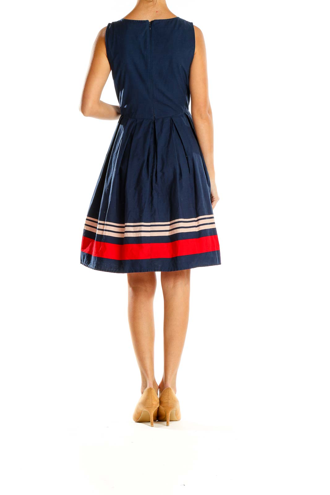 Side view of Jason Wu for Target navy dress showing A-line silhouette and striped hem