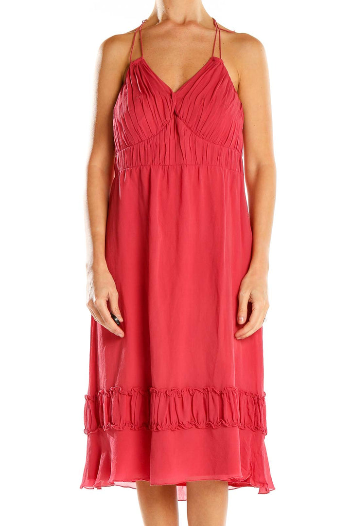 Front view of red Sangria halter midi dress with ruched bodice and flowy skirt