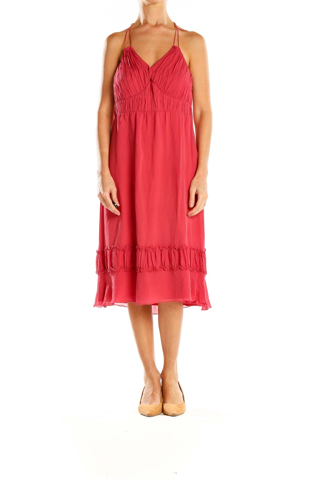 Front view of red Sangria halter midi dress with ruched bodice and flowy skirt