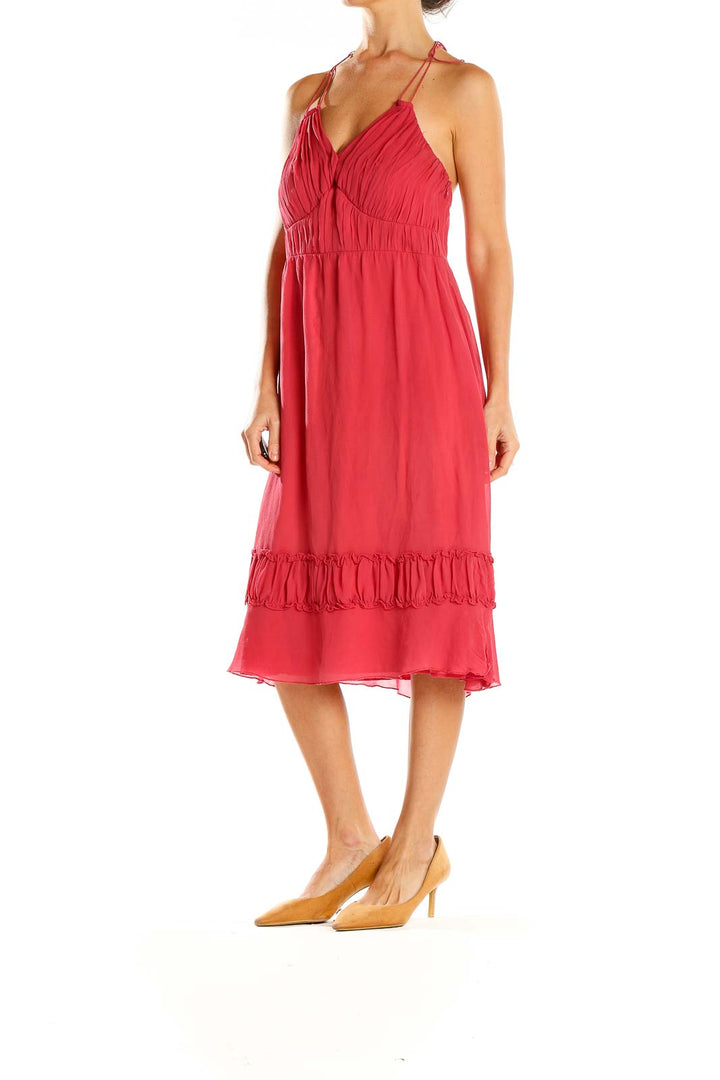 Front view of red Sangria halter midi dress with ruched bodice and flowy skirt