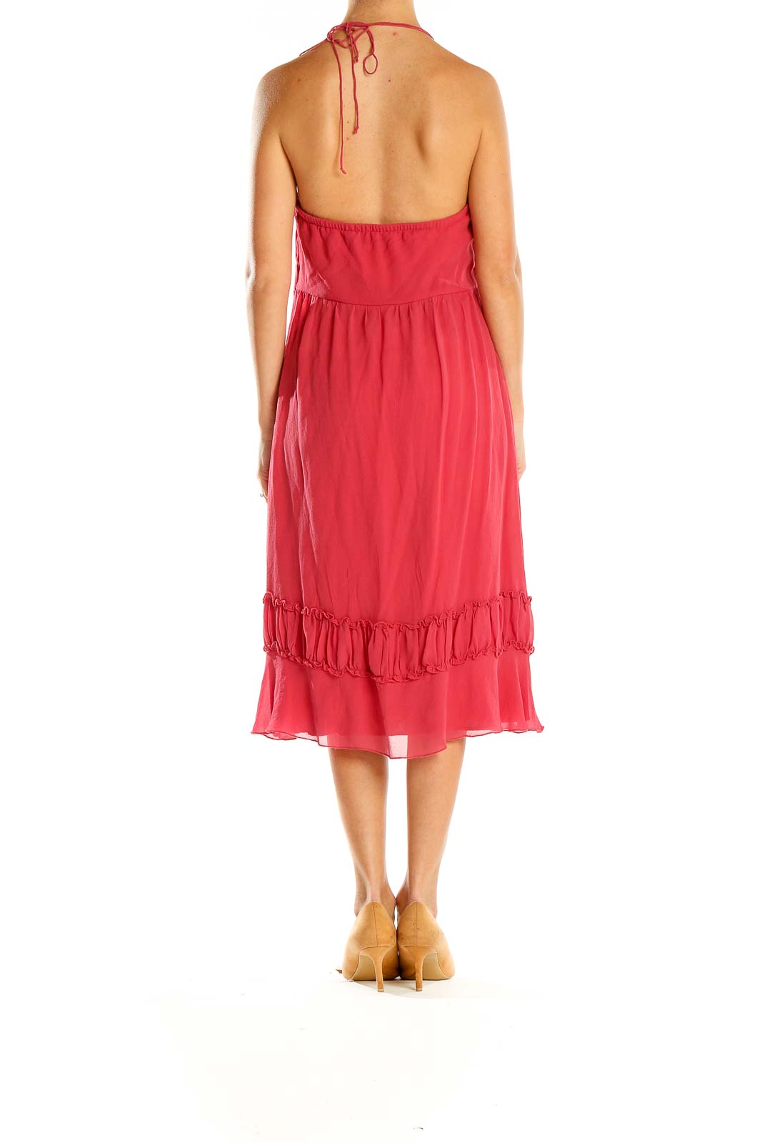 Back view of red Sangria halter midi dress showing flowy skirt and ruffle hem