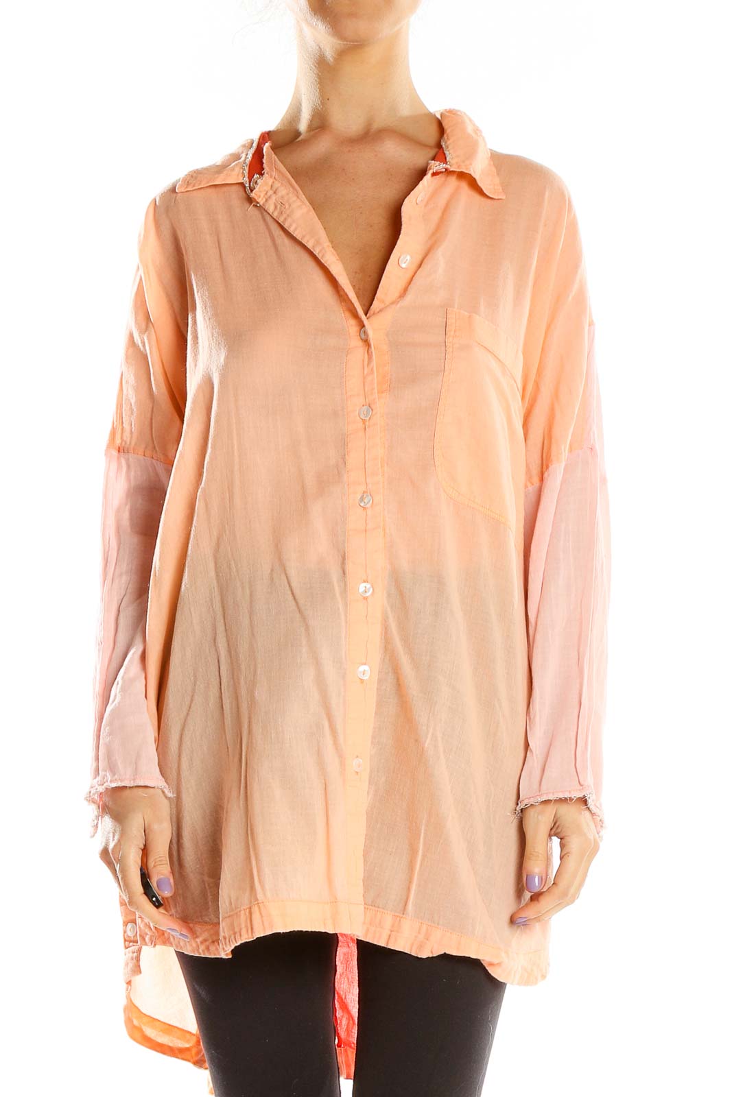 Front view of Free People peach button-down shirt with collar and chest pocket