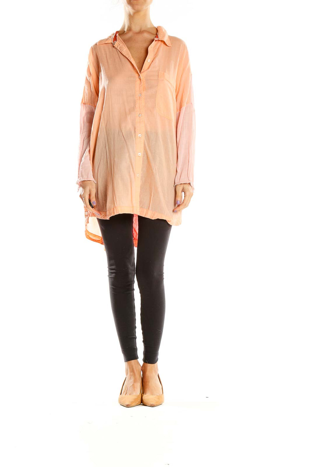 Front view of Free People peach button-down shirt with collar and chest pocket