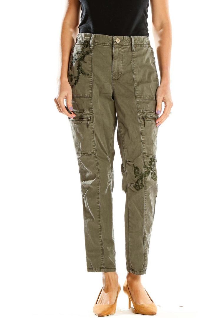 Green Embroidered Casual Cargos Pants